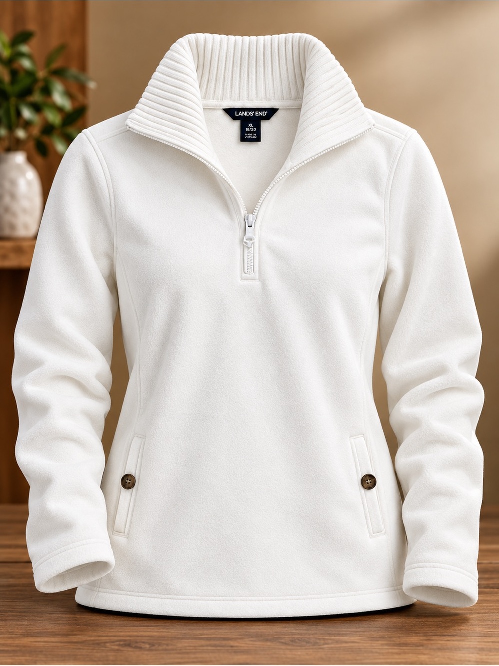 Lands' End Women’s' Cream Ribbed-Collar Half-Zip Fleece